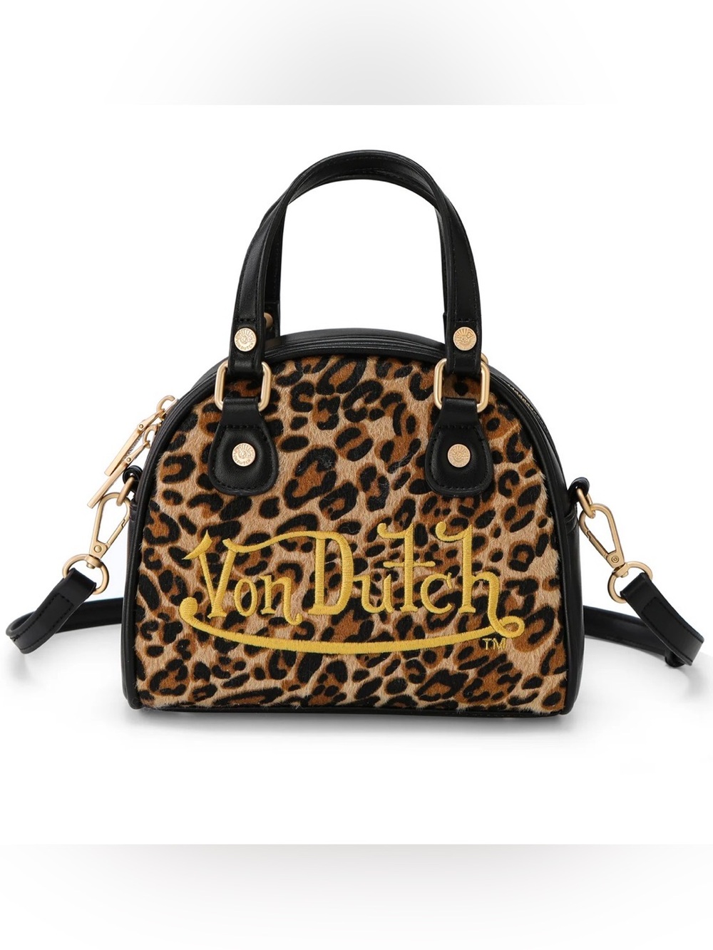 Von Dutch Leopard Mini Bowling Bag in Brown, Black and Gold Logo